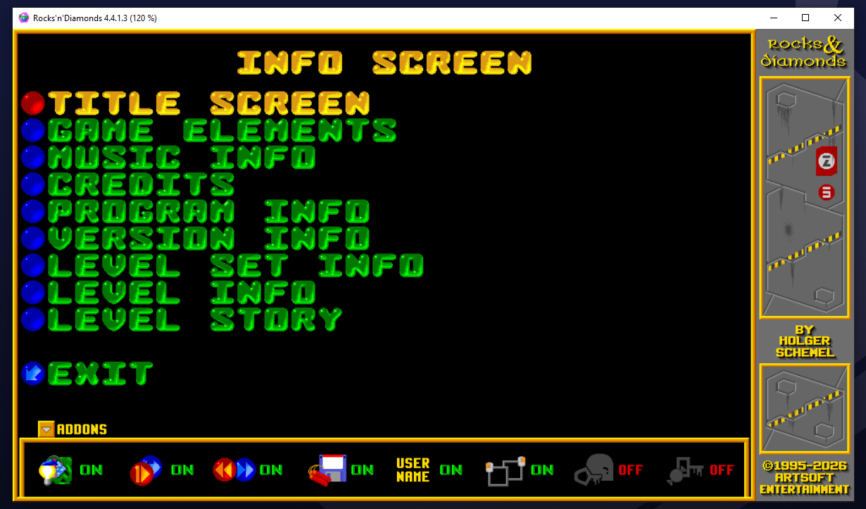 The "Addons" tab seen in the INFO menu